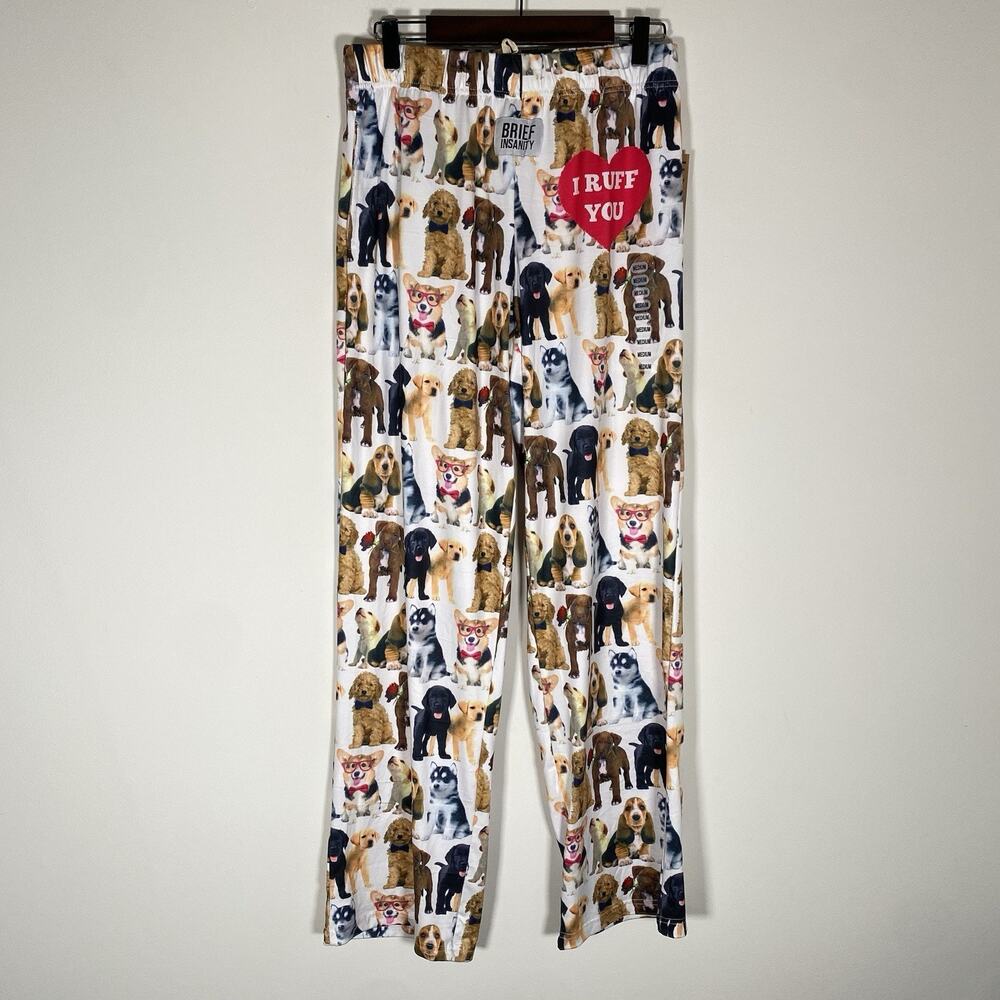 BRIEF INSANITY Lounge Pants Dog Puppies Novelty Sleep Medium‎ Unisex I Ruff You